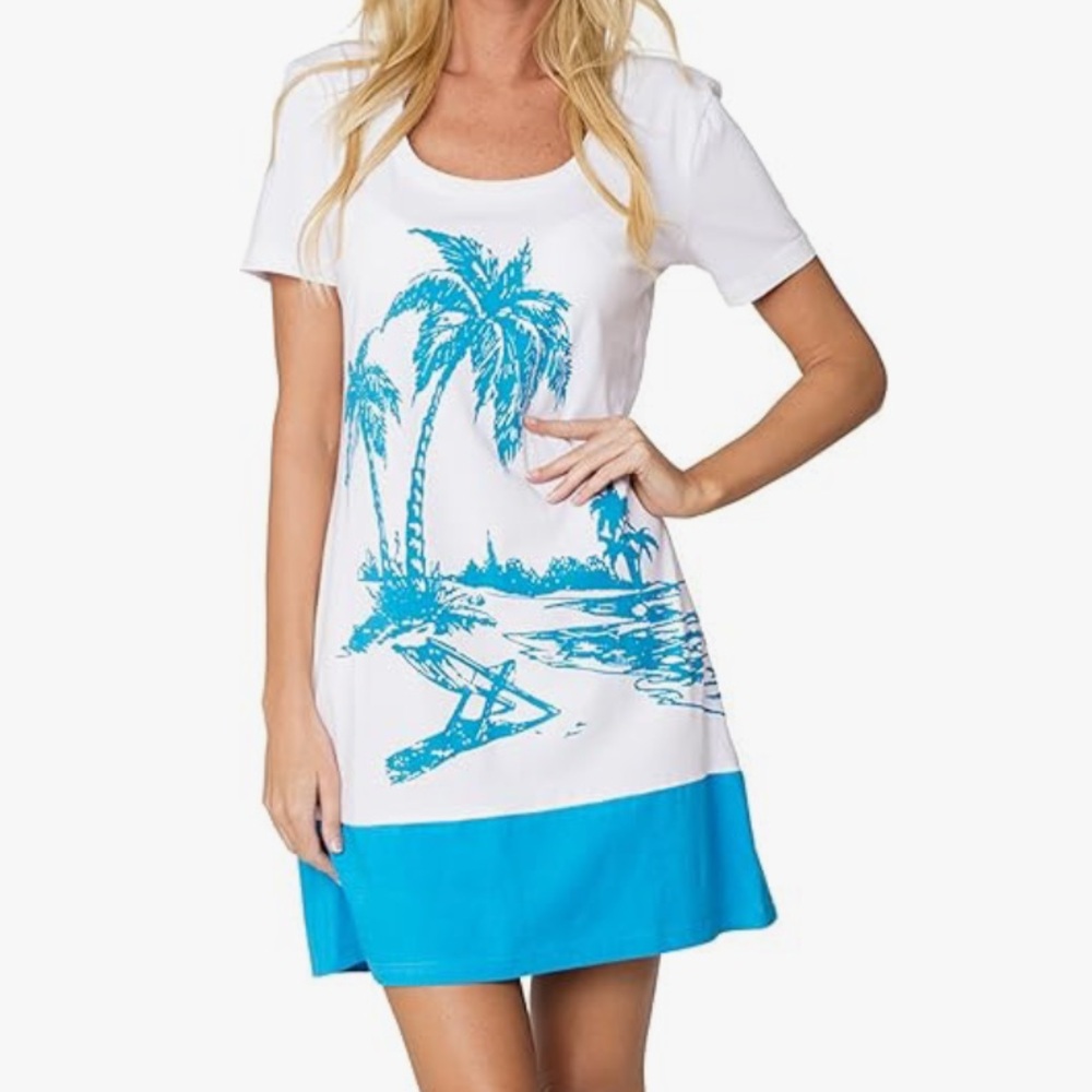🆕 INGEAR Summer Casual Short Sleeve White/Turquoise Mini Printed T-Shirt Dress